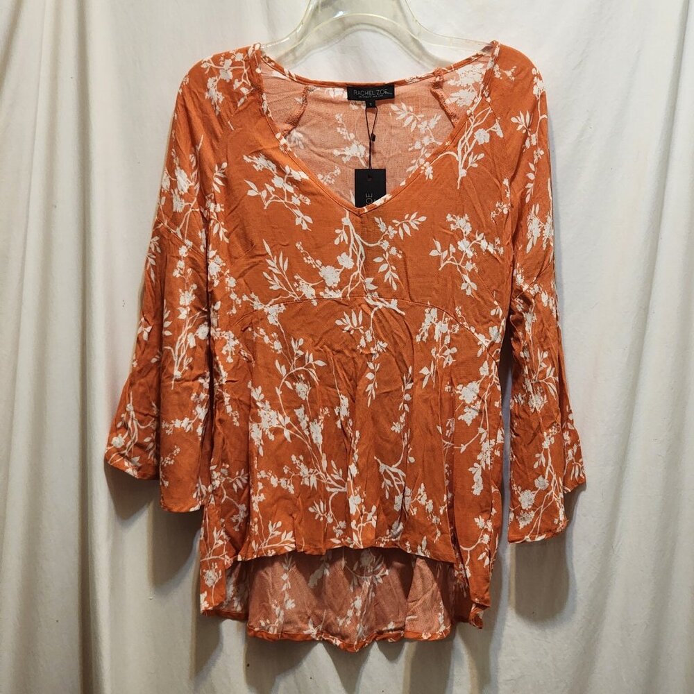 Rachel Zoe Orange White Floral High-Low Top Bell Sleeve S Small New‎